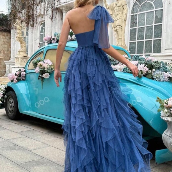 haze blue mesh one shoulder wedding guest dress - Picture 2 of 2